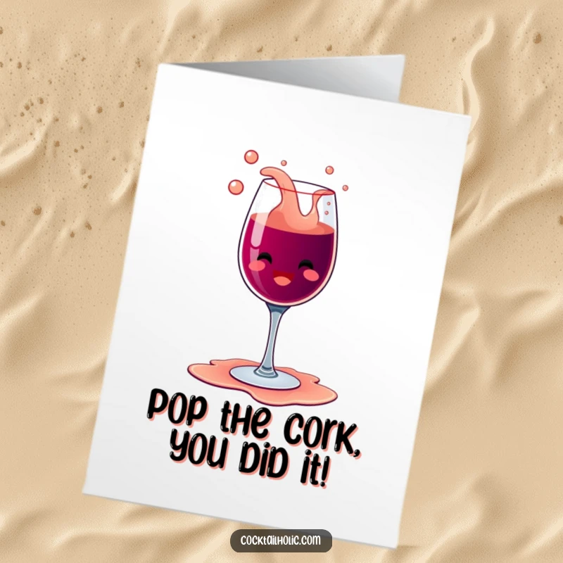 Funny Free Printable Congratulations Card showing a happy wine glass with bubbly overflow spilling its contents gleefully, celebrating success.