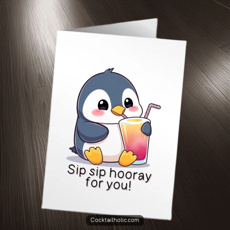Funny Free Printable Congratulations Card: A plump penguin blissfully sipping a vibrant cocktail, celebrating a momentous achievement with pure delight.
