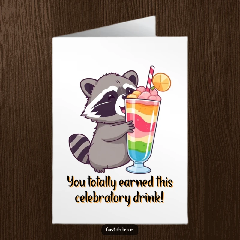 Funny Free Printable Congratulations Card: A cheerful raccoon reaching for a colorful drink, symbolizing exciting accomplishments.