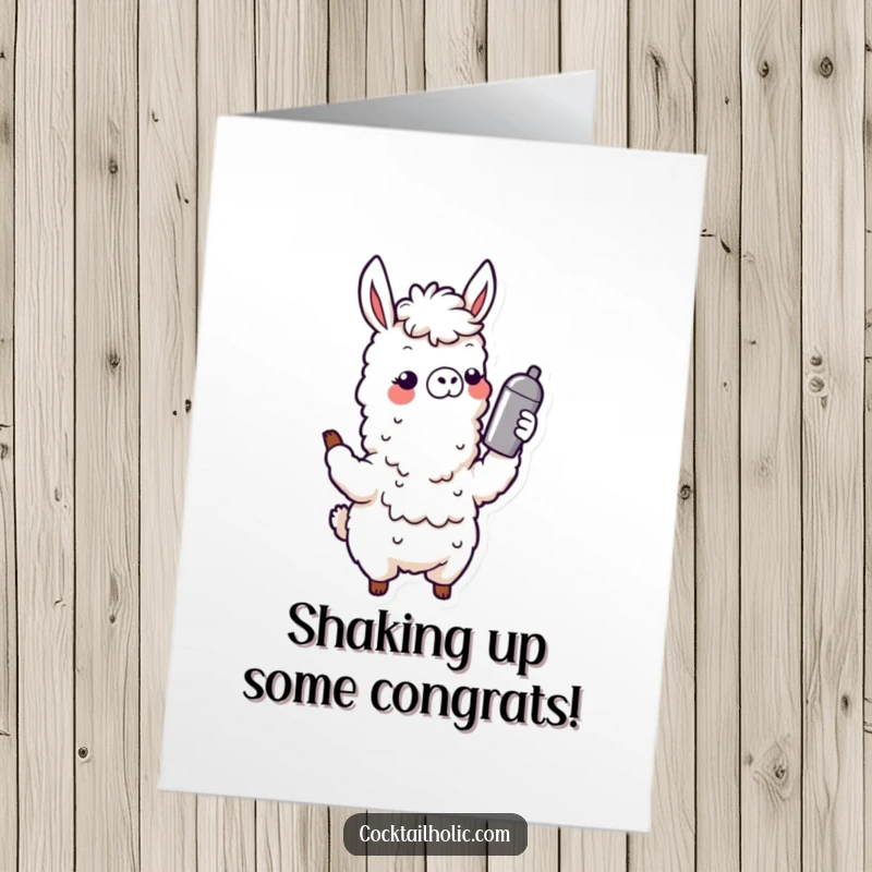 Funny Free Printable Congratulations Card: A wobbly llama gleefully shaking a cocktail shaker, symbolizing a vibrant celebration of success.