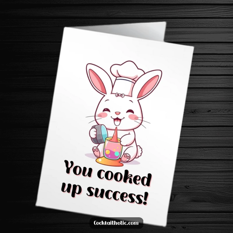Funny Free Printable Congratulations Card: Goofy bunny chef in a small hat accidentally spills vibrant liquid from a cocktail shaker.