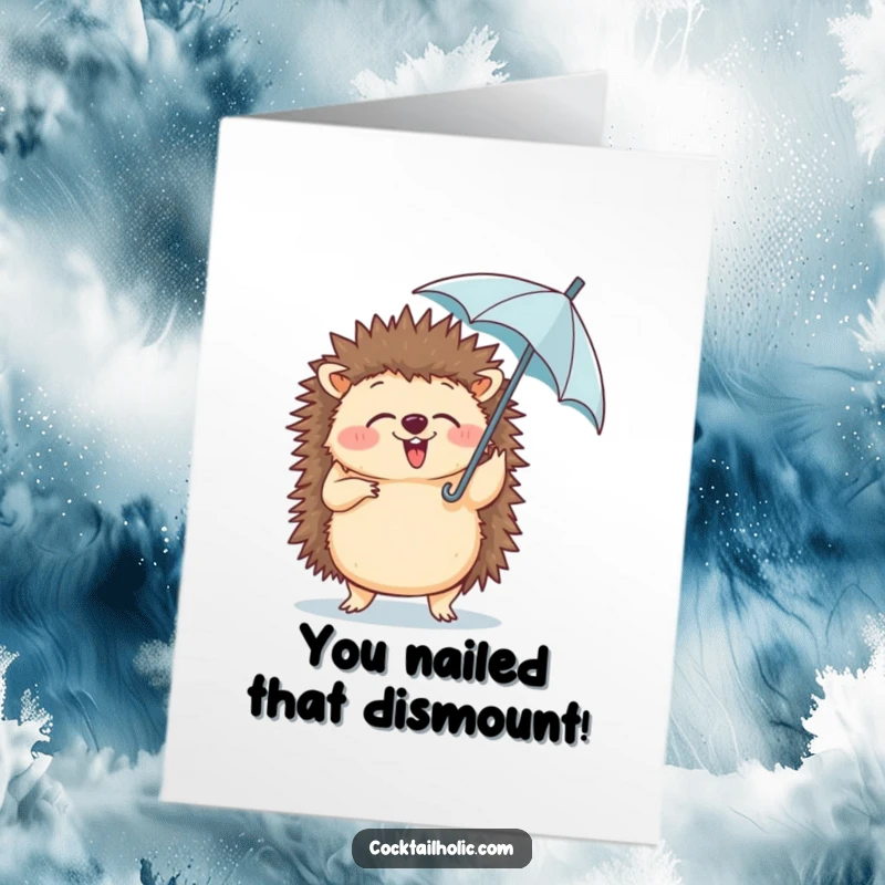 Funny Free Printable Congratulations Card: A giggling hedgehog performing a ridiculous dance, clutching a miniature umbrella in its paw.