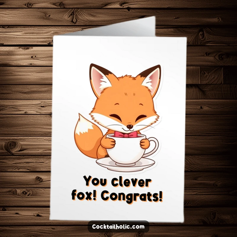 Funny Free Printable Fox Congratulations Card: A playful fox with a bow tie sips tea, celebrating a stylish success.