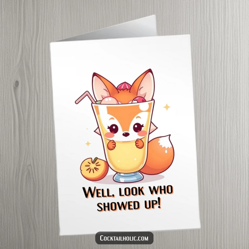 Funny Free Printable Congratulations Card: Shy fox peeking from behind a giant cocktail, bringing a reserved but happy congratulations.