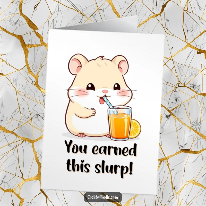 Funny Free Printable Congratulations Card: A happy hamster joyfully sips a colorful beverage, celebrating achievements with glee.