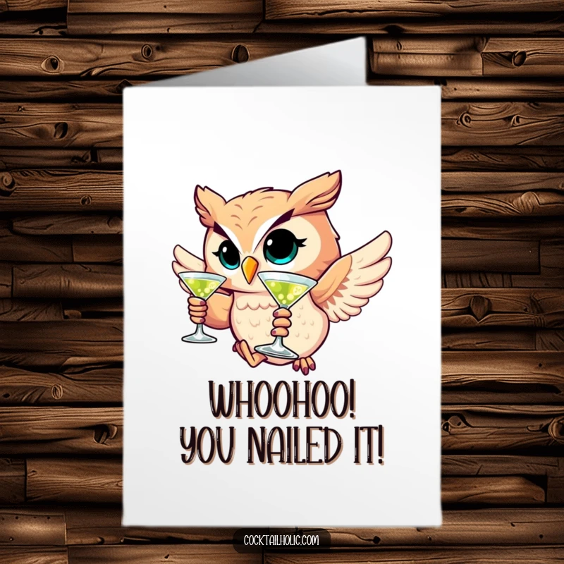 Funny Free Printable Owl Congratulations Card: A winking owl clutches a martini glass while flying, celebrating a win.