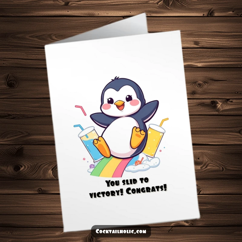 Funny Free Printable Penguin Congratulations Card: Penguin slides down a rainbow of drinks, celebrating a big win.