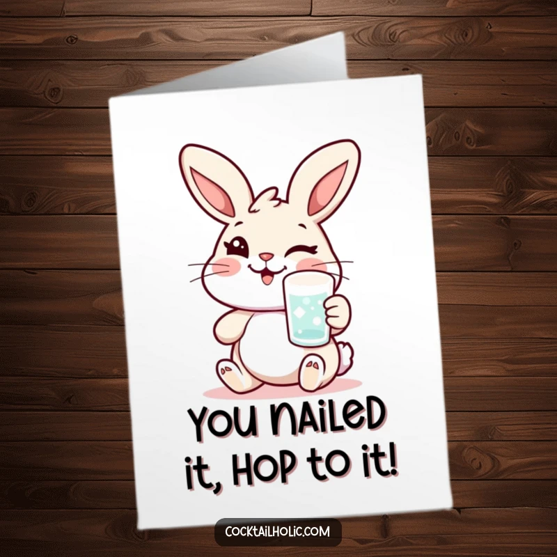Funny Free Printable Congratulations Card: Cheerful rabbit winking with a frosted glass, offering a sly and happy congratulations.