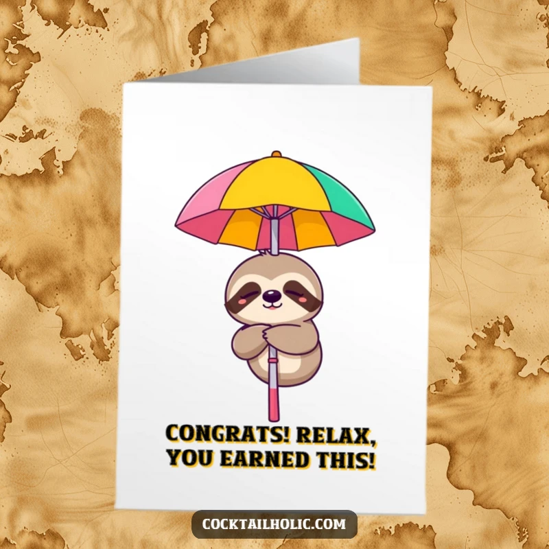 Funny Free Printable Sloth Congratulations Card: A smiling sloth dangles from a cocktail umbrella, celebrating a relaxed win.