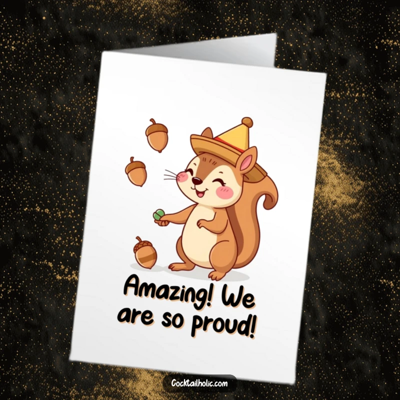 Funny Free Printable Squirrel Congratulations Card: A happy squirrel wearing a sombrero juggles acorns for a festive win.