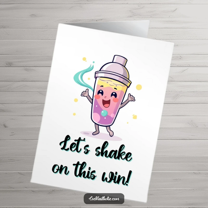 Funny Free Printable Congratulations Card featuring a smiling cocktail shaker dancing with swirling liquid, toasting success.