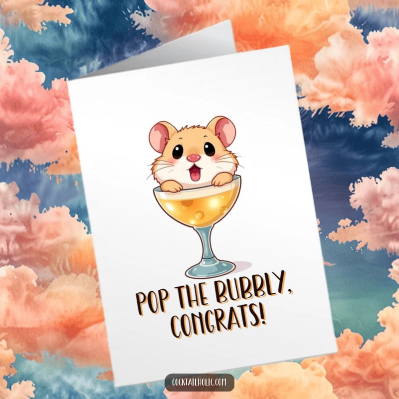 Funny Free Printable Congratulations Card: A surprised hamster pops its head out of a miniature cocktail glass, celebrating success.