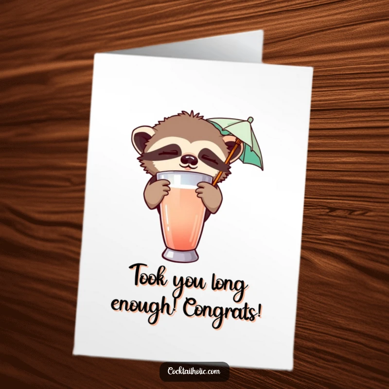Funny Free Printable Congrats Card: A sleepy sloth peeks out with a tiny umbrella, celebrating their achievement slowly.