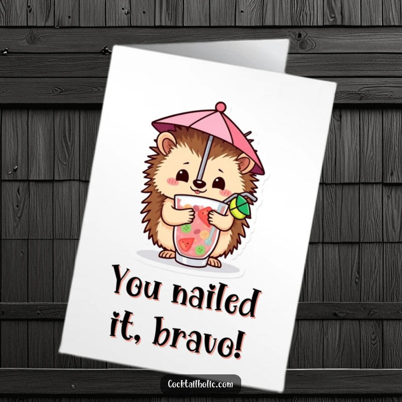 Funny Free Printable Congratulations Card: A happy hedgehog holding a tiny umbrella in a drink.