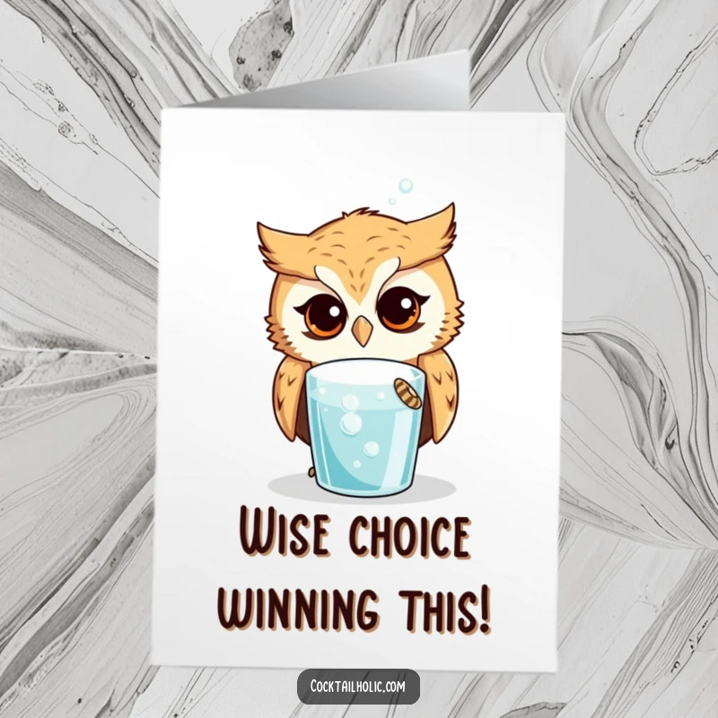Funny Free Printable Congratulations Card: Curious owl looking intently at a bubbling, intriguing drink, celebrating an achievement.