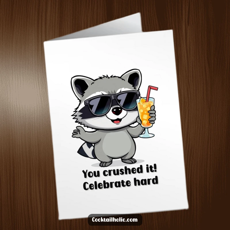 Funny Free Printable Congratulations Card: A raccoon with sunglasses holds a cocktail, smirking with confidence.