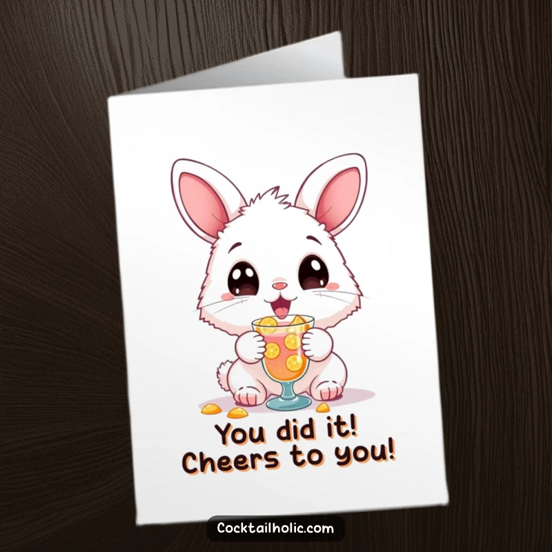 Funny Free Printable Bunny Congratulations Card: A fluffy bunny with wide eyes gleefully spills a cocktail in celebration.