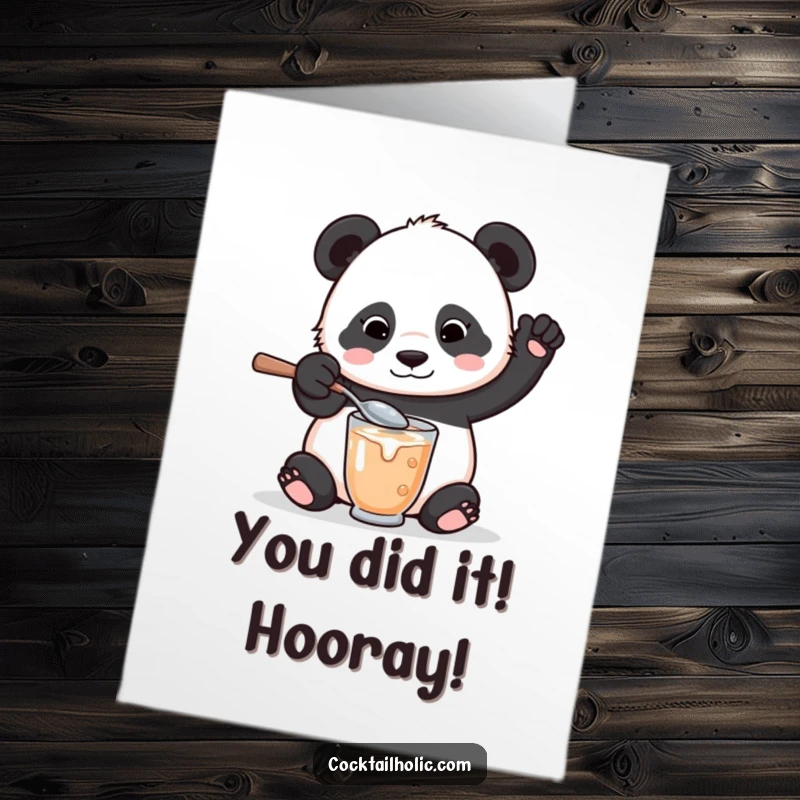 Funny Free Printable Congrats Card: A clumsy panda bear spills a bit while enthusiastically mixing a drink with a huge spoon.