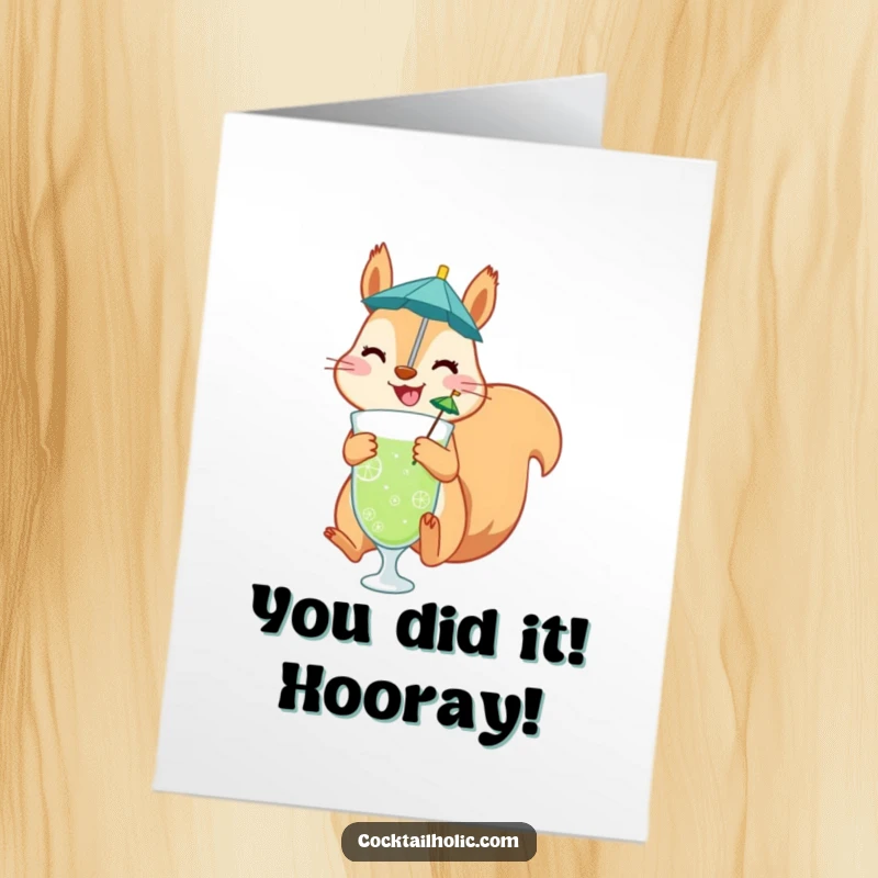 Funny Free Printable congratulations card featuring a cheerful squirrel celebrating with a drink.