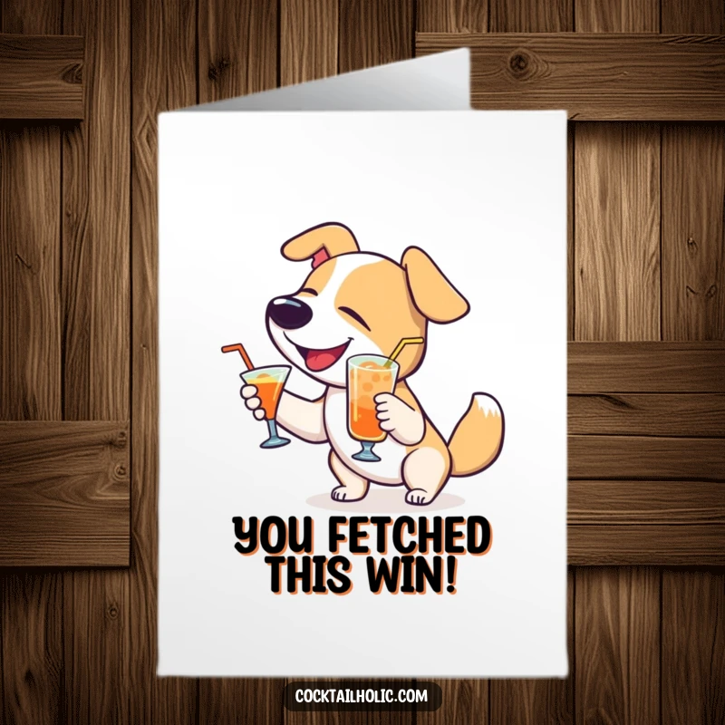 Funny Free Printable Congratulations Card: Delighted dog wagging its tail, holding a cocktail to celebrate.