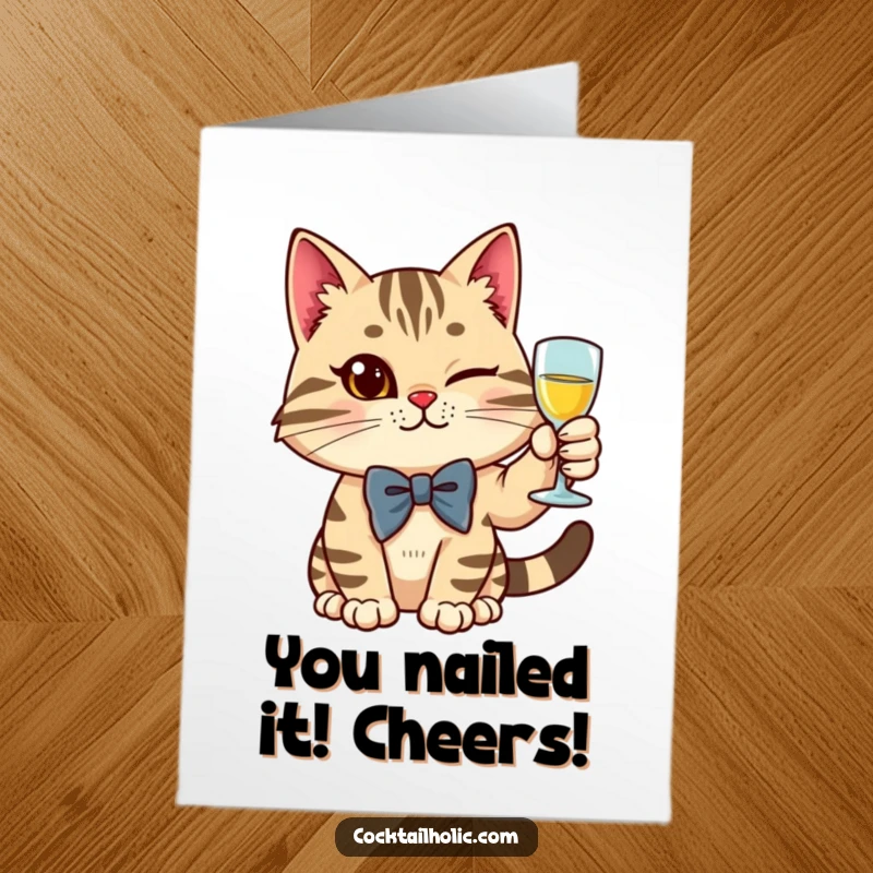Funny Free Printable Congratulations Card: A stylish cat wearing a bow tie confidently winks and raises a glass.