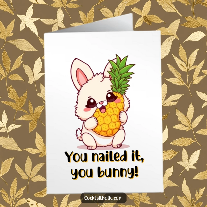 Funny Free Printable Congratulations Card: Excited bunny holding a twirling pineapple, celebrating a fantastic achievement.