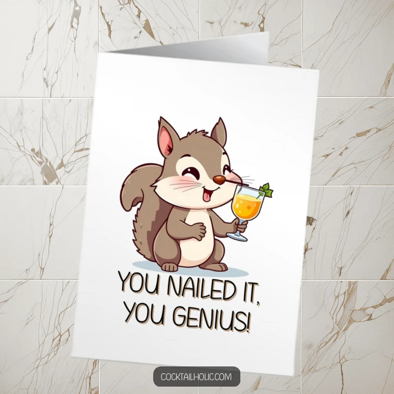 Funny Free Printable Congratulations Card: A mischievous squirrel expertly balancing a cocktail on its nose, celebrating success with impressive flair.