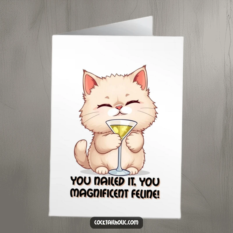 Funny Free Printable Congratulations Card: A fluffy cat winks, holding a tiny martini glass, ready to toast your success with humor.