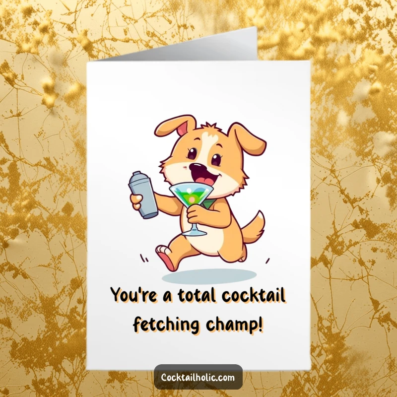 Funny Free Printable Congratulations Card: Energetic dog chasing a cocktail shaker, symbolizing enthusiastic congratulations and celebration.