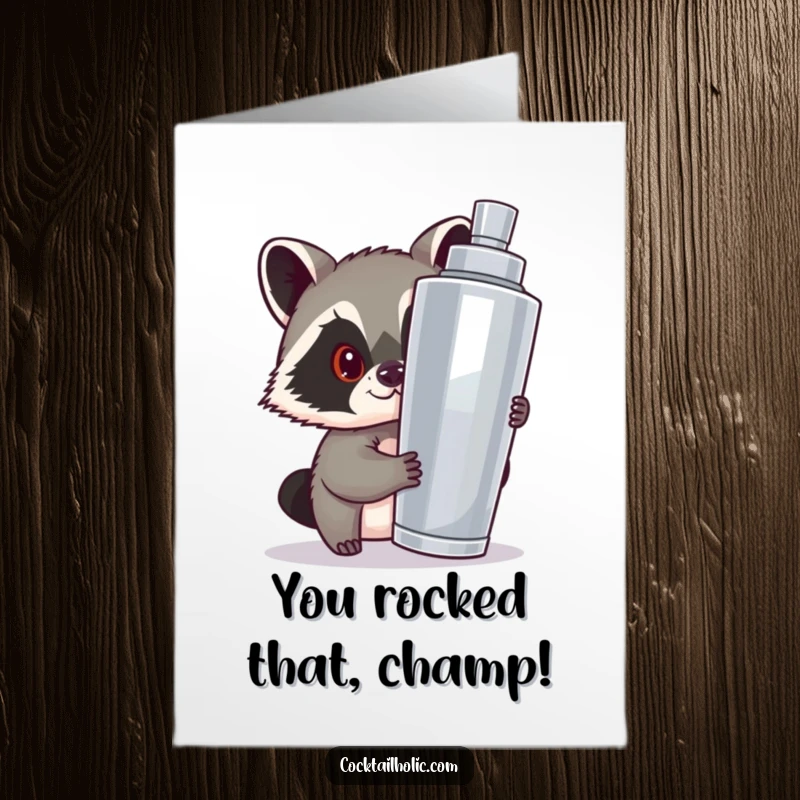 Funny Free Printable congratulations card featuring a mischievous raccoon behind a cocktail shaker.