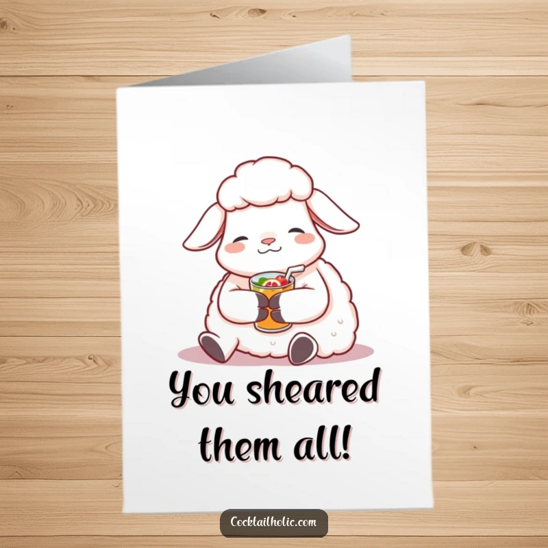Funny Free Printable Congratulations Card: Contented sheep relaxing with a small, fruity beverage, celebrating success calmly.