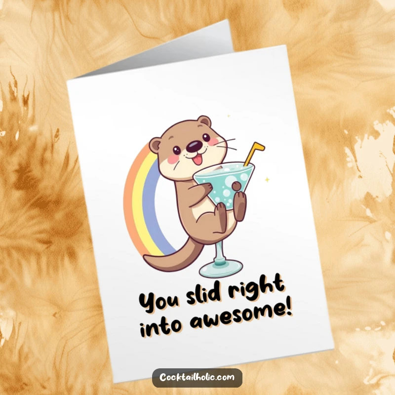 Funny Free Printable Congratulations Card: An otter gleefully slides down a rainbow into a cocktail, celebrating success.