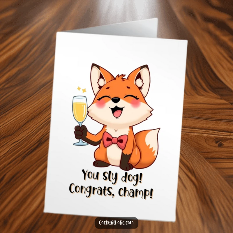 Funny Free Printable Congratulations Card: A giggling fox wearing a bow tie raises a tiny champagne flute, celebrating your fantastic accomplishment.