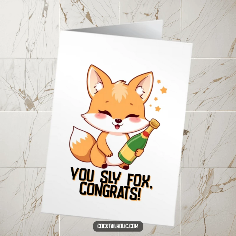Funny free printable congratulations card: a charming fox winks, holding a tiny champagne bottle for a toast.