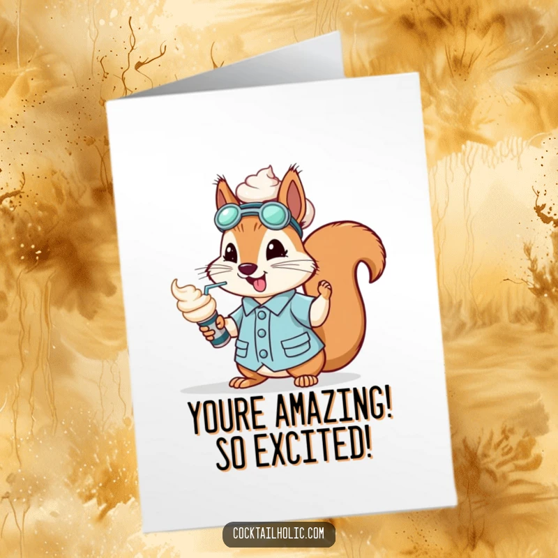 Funny Free Printable Congratulations Card: A bouncy squirrel dressed as a mixologist sprays whipped cream with glee.
