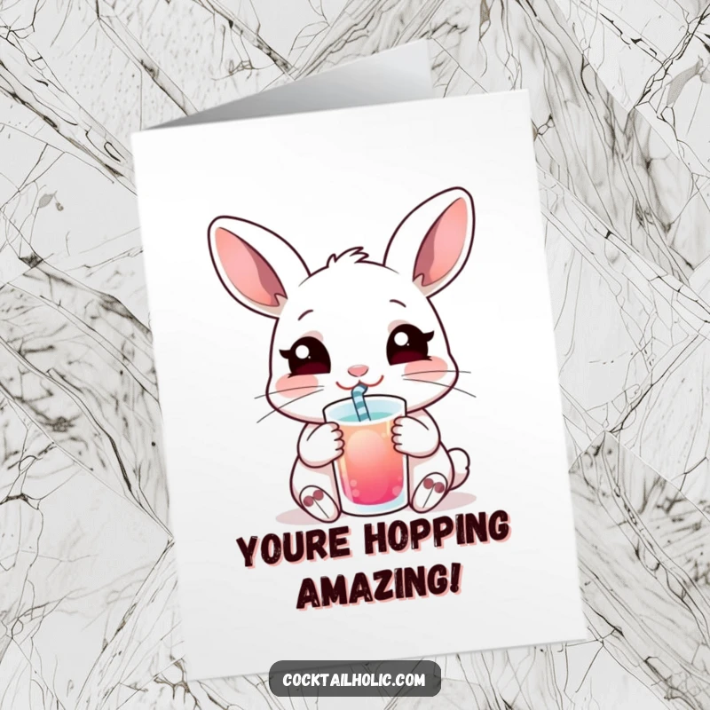 Funny Free Printable congratulations card with a smiling rabbit enjoying a drink.