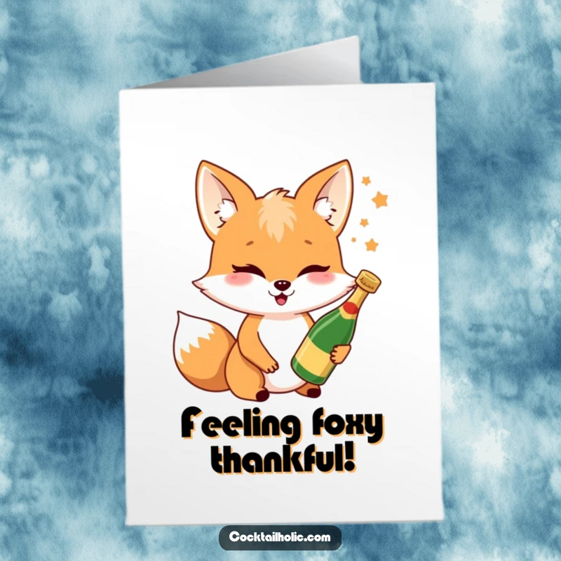 Funny free printable thank you card: a cheerful fox winks, holding a miniature champagne bottle with thanks.