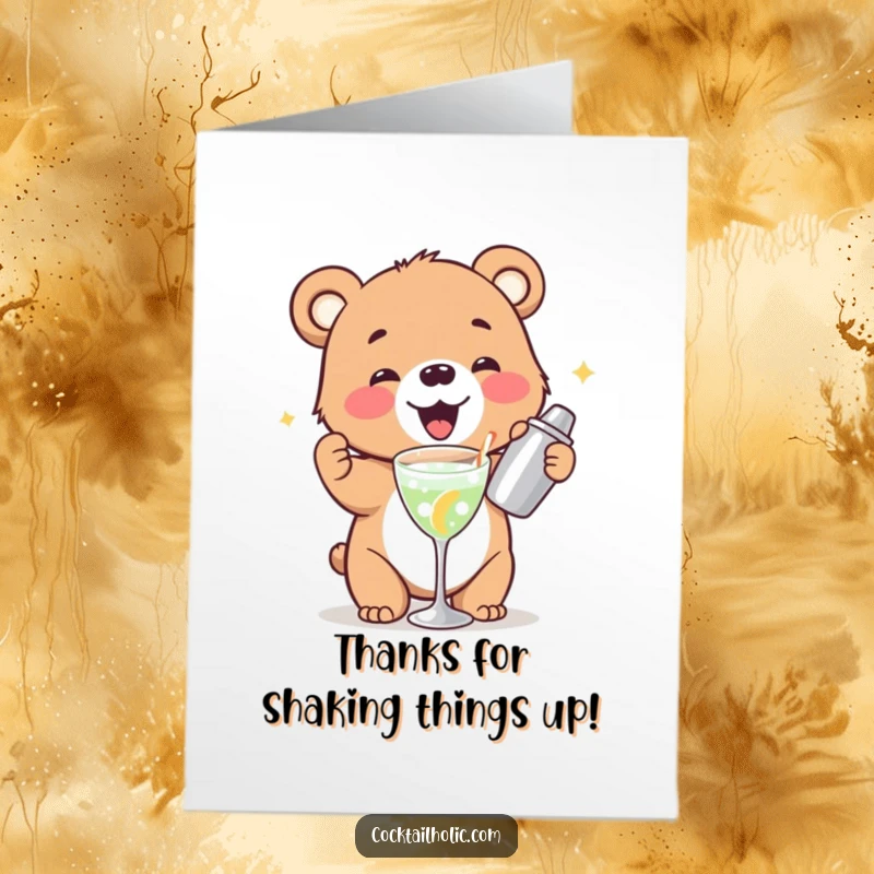 Funny Free Printable Thank You Card: Bear cub gleefully shakes a cocktail shaker, offering thanks.