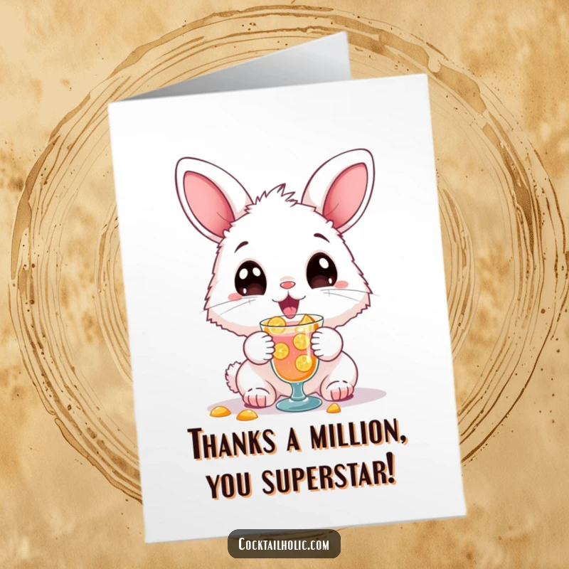 Funny Free Printable Bunny Thank You Card: A fluffy bunny with big eyes spills a cocktail, saying thanks with a smile.