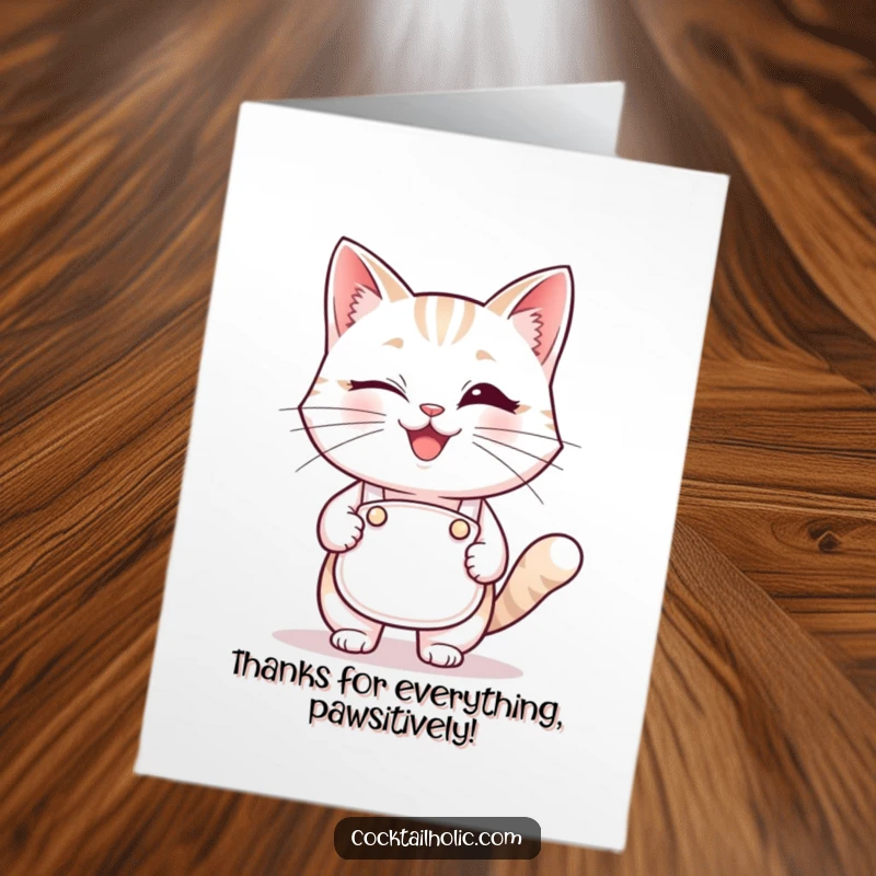 Funny Free Printable Thank You Card: Smiling cat in a tiny bartender apron winks, expressing thanks.