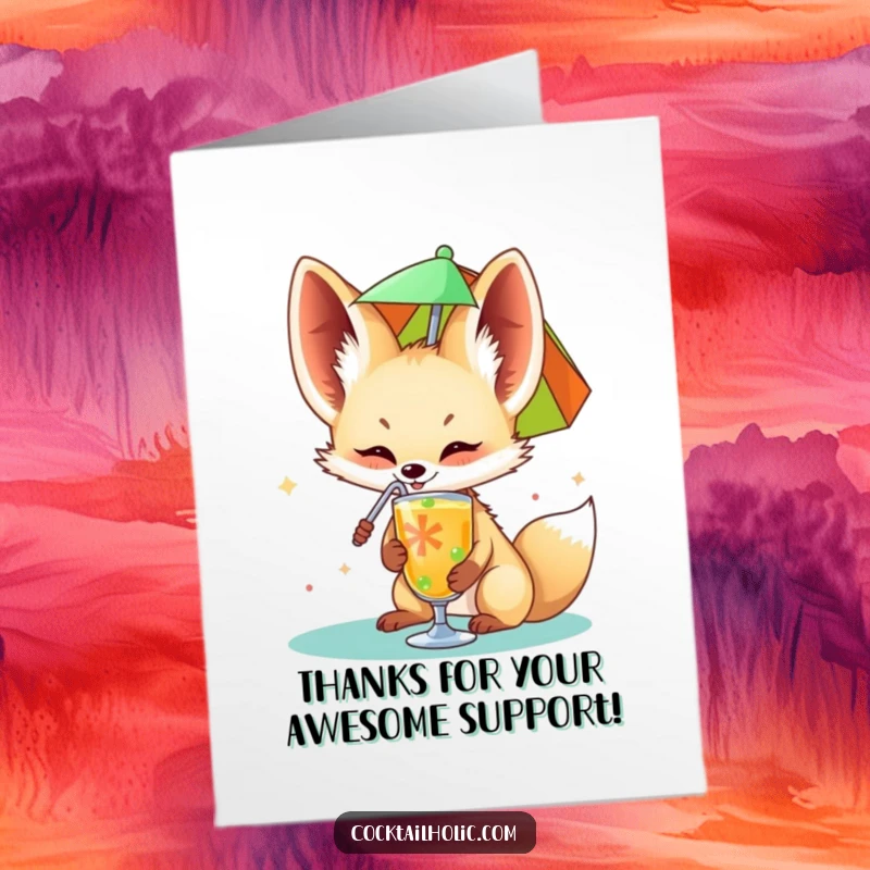 Funny Free Printable Thank You Card: Fennec fox happily sips from a colorful drink umbrella, showing thanks.