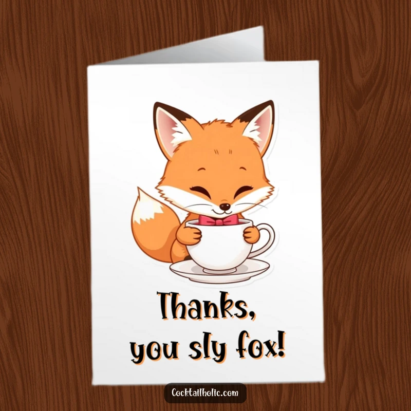 Funny Free Printable Fox Thank You Card: A playful fox in a bow tie sips tea, offering a polite thank you.