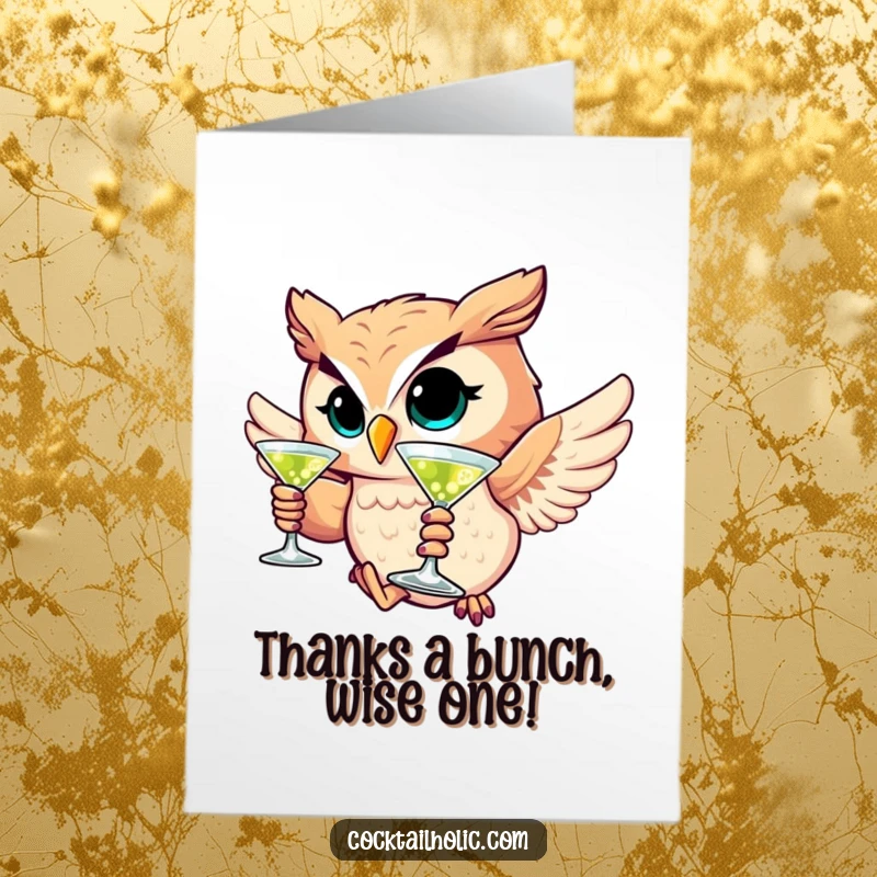Funny Free Printable Owl Thank You Card: A winking owl holding a martini glass offers thanks with a suave vibe.