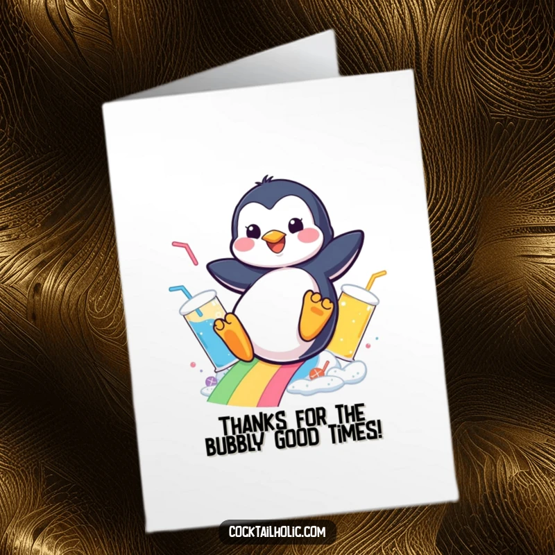 Funny Free Printable Penguin Thank You Card: Penguin joyfully slides down a rainbow of bubbly drinks, sending thanks.