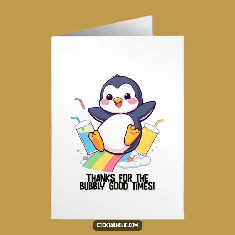 Free Printable Penguin Thank You Card: Bubbly Drinks Rainbow Downloadable