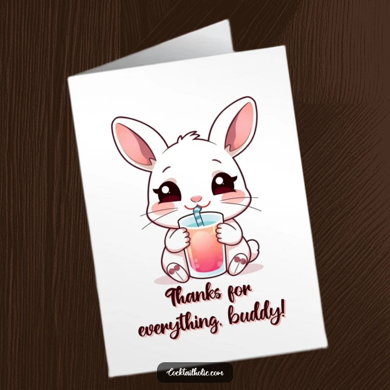 Funny Free Printable thank you card showing a relaxed rabbit sipping a drink gratefully.