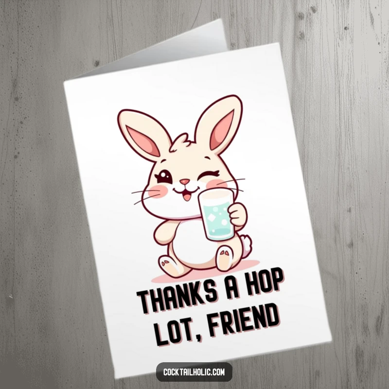 Funny Free Printable Thank You Card: Cheerful rabbit winking while holding a frosted glass, conveying witty and charming thanks.