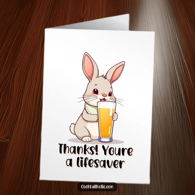 Funny Free Printable Thank You Card: A curious bunny with a bib eyes a ridiculously tall drink.