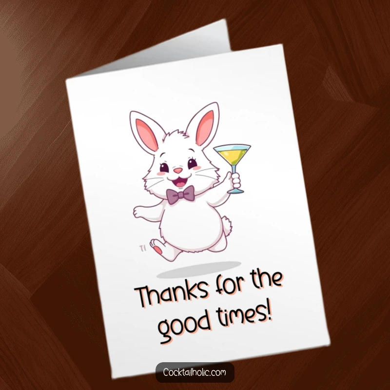 Funny Free Printable Thank You Card: A fluffy white bunny in a bowtie gleefully holding a tiny martini glass.