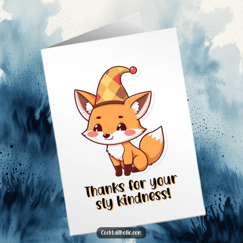 Funny Free Printable Thank You Card: Cute fox in a jester hat tipping it with a big, mischievous grin.